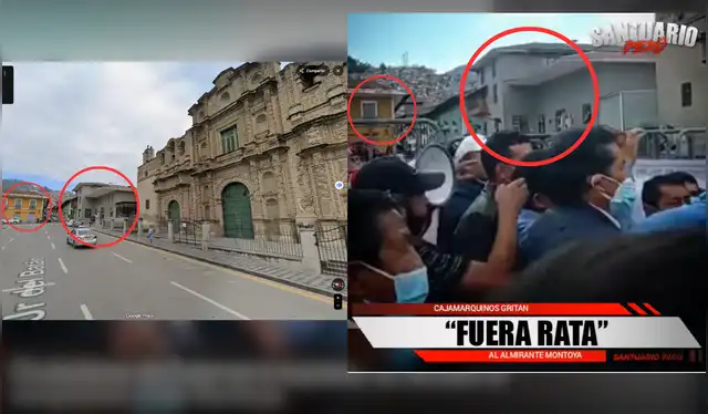 Los edificios que aparecen en el video viral y en la grabación difundida por el canal 'Santuario Perú' coinciden con las construcciones que rodean la Catedral de Santa Catalina en Cajamarca, según se pudo verificar mediante la herramienta Google Maps | Fuente: Google Maps / Santuario Perú   