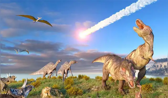  Representación artística del impacto de meteorito hace 66 millones de años que acabó el reinado de los dinosaurios. Foto: Roger Harris   