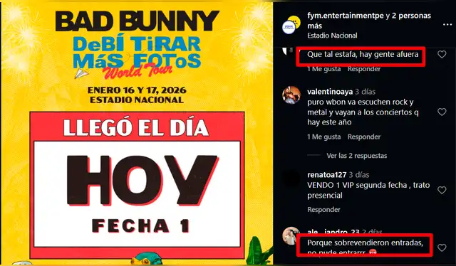 Fans de Bad Bunny aseguran que compraron entradas válidas, pero no pudieron entrar al show. Foto: Instagram/F&amp;M Entertainment   