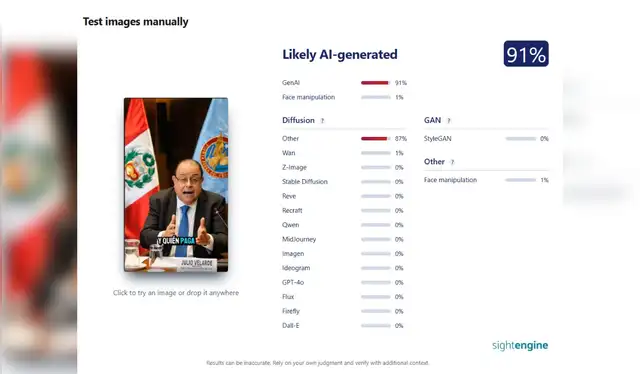  Sightengine determinó que hay un 91% de probabilidad de que el video haya sido generado con inteligencia artificial. | Fotocaptura: Sightengine.   