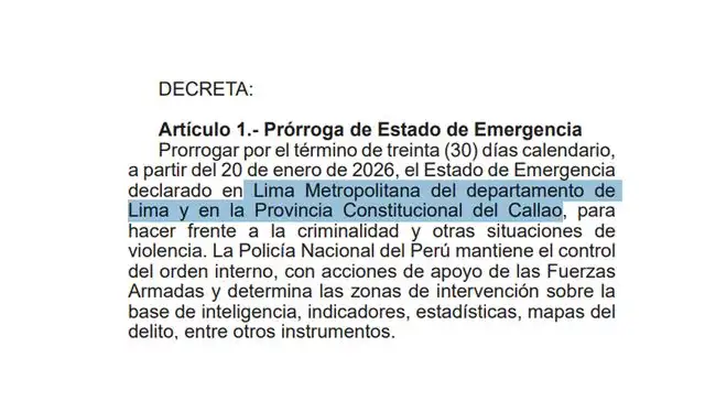 Decreto Supremo que prorroga el estado de emergencia declarado en Lima Metropolitana y la Provincia Constitucional del Callao. Foto: El Peruano    
