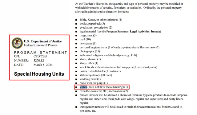 Prohibición de relojes de metal según las Unidades de Vivienda de Seguridad (SHU) de la Agencia Federal de Prisiones. | Foto: Agencia Federal de Prisiones   