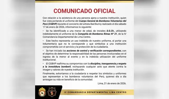  Comunicado del Cuerpo General de Bomberos. Foto: Difusión   