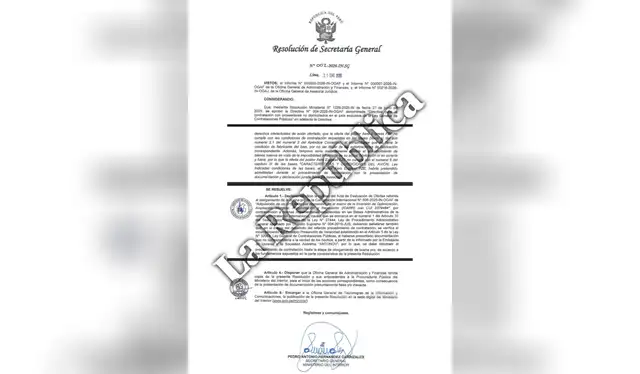 La resolución del Mininter anulando la contratación a Aero Express FZE, de Emiratos Árabes Unidos. Foto: La República   