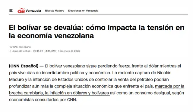 Nota de CNN Venezuela relacionada a la devaluación del bolívar en el contexto de la captura de Nicolás Maduro. | Foto: CNN Venezuela Nota de CNN Venezuela relacionada a la devaluación del bolívar en el contexto de la captura de Nicolás Maduro. | Foto: CNN Venezuela