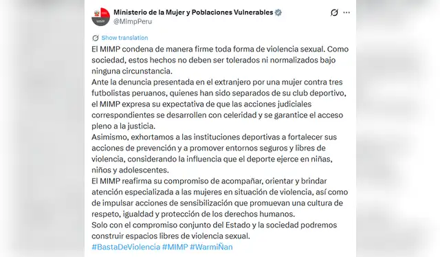 El Ministerio de la Mujer se pronunció sobre los hechos. Foto: Captura X. El Ministerio de la Mujer se pronunció sobre los hechos. Foto: Captura X.