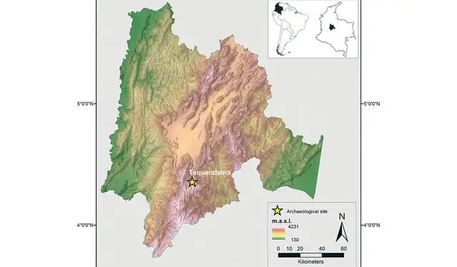  Mapa que muestra la ubicación del sitio arqueológico Tequendama en la región de Sabana de Bogotá en Colombia. Foto: Science   