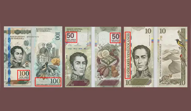 Aparente diseño viralizado de los billetes de 100, 50 y 10 “dólares venezolanos”. | Foto: Redes sociales   