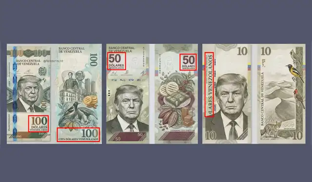 Aparente segundo diseño de los billetes de 100, 50 y 10 “dólares venezolanos”, con el rostro de Trump. | Foto: Redes sociales   