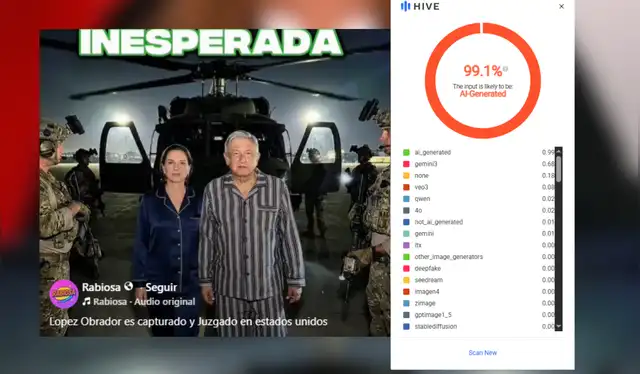 El programa de detección de IA Hive-Moderation determino que la imagen tiene un 99.1% de probabilidad de haber sido generado con IA | Fotocaptura: Hive-Moderation   