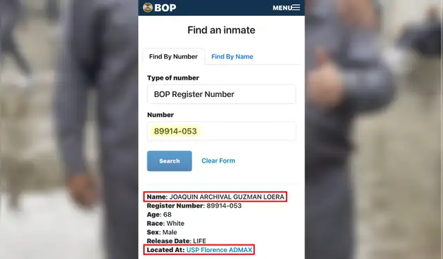 Información de registro BOP de ‘El Chapo’ Guzmán. | Foto: Gobierno de los Estados Unidos   