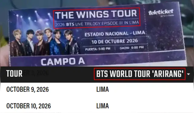 Comparación entre el nombre falso y el verdadero del concierto de BTS en Perú. | Foto: Redes sociales / BigHit Music   