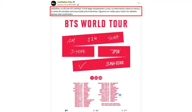 Única publicación de LiveNation Perú en Facebook vinculada a los conciertos de BTS en Lima, 2026. | Foto: LiveNation Perú   