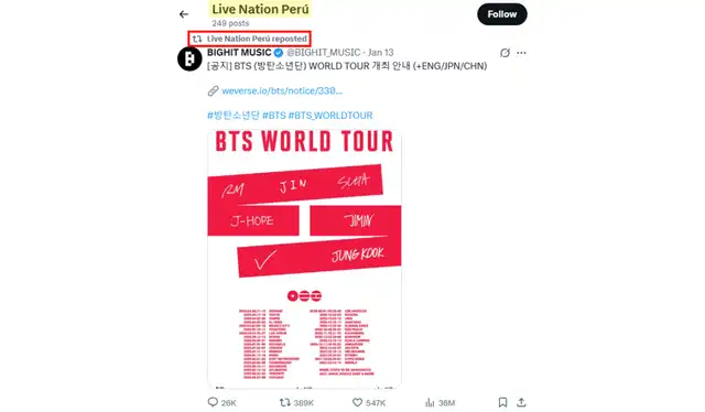 Única publicación compartida por LiveNation Perú en X vinculada a los conciertos de BTS en Lima, 2026. | Foto: LiveNation Perú   