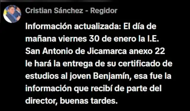  El regidor provincial de Huarochirí, Cristian Sánchez, adelantó que el director del colegio le entregará el viernes 30 de enero su certificado de estudios a Benjamín. Foto: captura TikTok Cristian Sanchez 