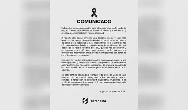  Comunicado de Hidroandina. Foto: Hidroandina   