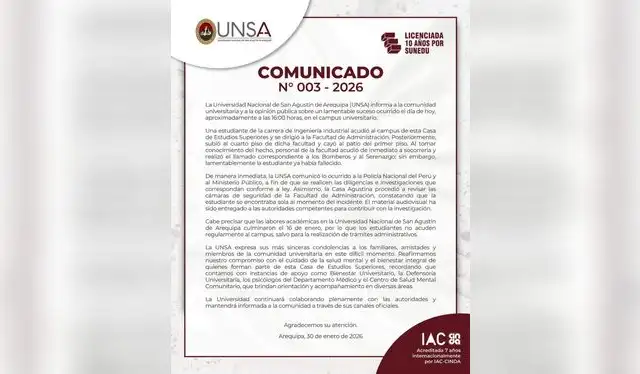 Comunicado de UNSA. Foto: UNSA Comunicado de UNSA. Foto: UNSA