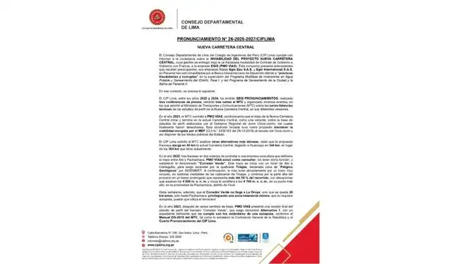 Colegio de Ingenieros del Perú califica de inviable la construcción de la Nueva Carretera Central. Foto: captura Colegio de Ingenieros del Perú califica de inviable la construcción de la Nueva Carretera Central. Foto: captura