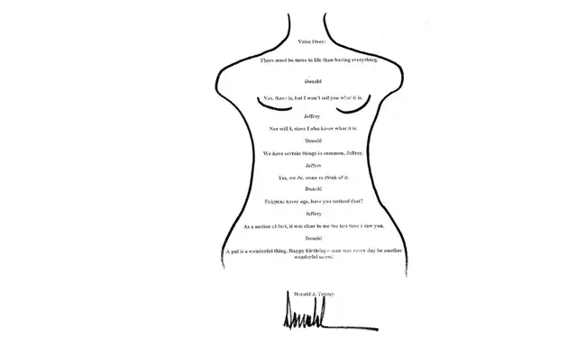 Una página del álbum de cumpleaños de Epstein muestra un boceto firmado que podría ser de Trump. Una página del álbum de cumpleaños de Epstein muestra un boceto firmado que podría ser de Trump.