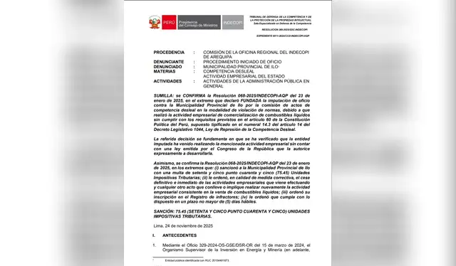  La sanción de la Indecopi a la Municipalidad Provincial de Ilo. Foto: Indecopi   