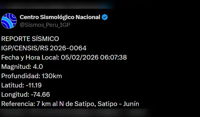  Sismo de magnitud 4,0 se sintió en Junín. Foto: IGP    