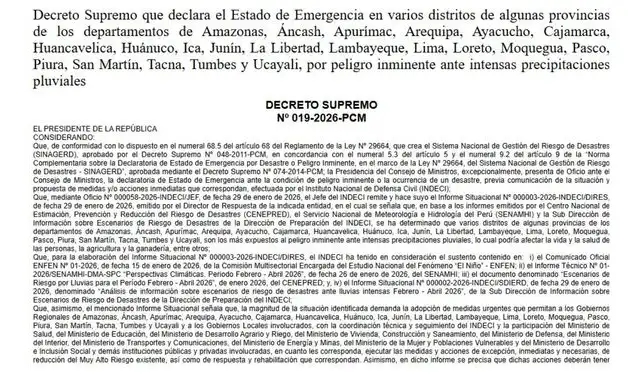  Decreto que oficializa los 60 días de Estado de emergencia en Perú por fuertes lluvias. Foto: El Peruano   