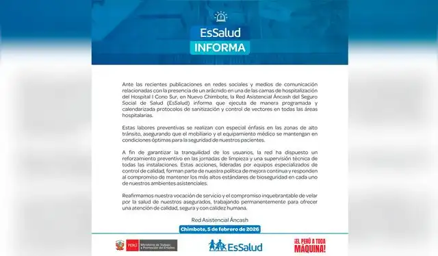 Comunicado de EsSalud sobre incidente en hospital Uno del Cono Sur del distrito de Nuevo Chimbote. Foto: composición LR/ EsSalud Comunicado de EsSalud sobre incidente en hospital Uno del Cono Sur del distrito de Nuevo Chimbote. Foto: composición LR/ EsSalud