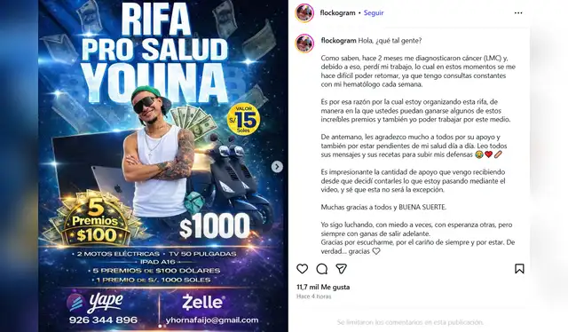 Publicación de la rifa pro-salud de Youna. Foto: Instagram.   