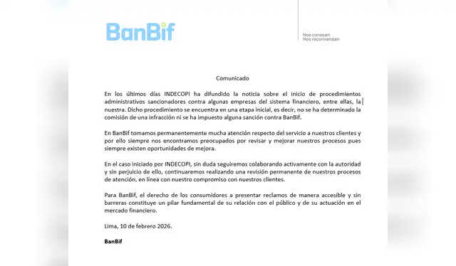 Comunicado de BanBif sobre el procedimiento administrativo iniciado por Indecopi. Comunicado de BanBif sobre el procedimiento administrativo iniciado por Indecopi.
