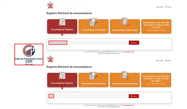 Los términos ‘Cálculo Estadístico Perú’ y ‘CEP’ no aparecen en las búsquedas del Registro Electoral de Encuestadoras del JNE. | Foto: Jurado Nacional de Elecciones   