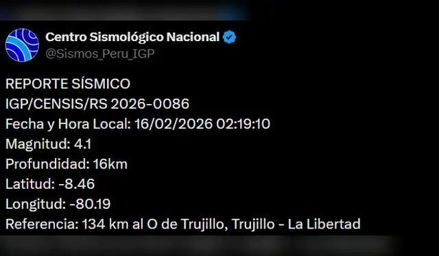  Temblor de magnitud 4,1 sacudió La Libertad. Foto: IGP    