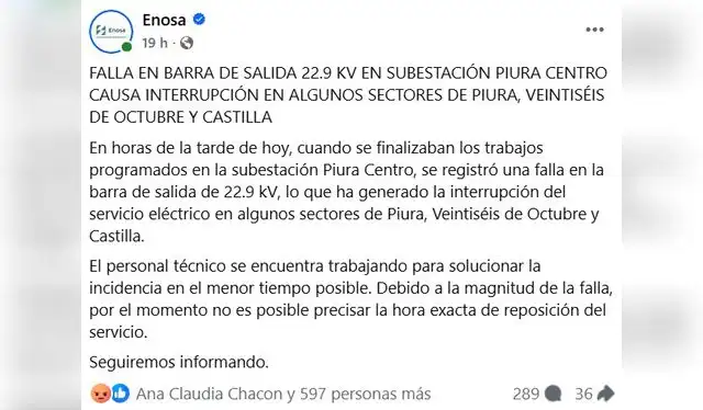 Enosa emitió un comunicado anunciando el retorno del servicio en horas de la tarde; sin embargo, no fue así. Foto: Enosa Enosa emitió un comunicado anunciando el retorno del servicio en horas de la tarde; sin embargo, no fue así. Foto: Enosa