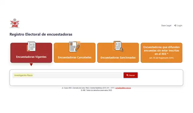 El término ‘Investigación Pasco’ no aparece en la búsqueda del Registro Electoral de Encuestadoras del JNE. | Foto: Jurado Nacional de Elecciones   