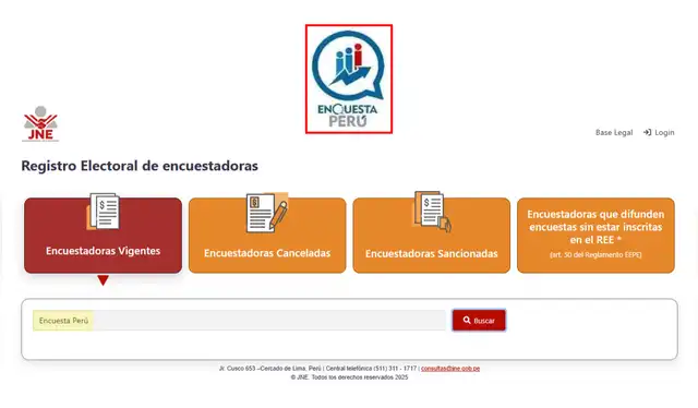 El término ‘Encuesta Perú’ no aparece en la búsqueda del Registro Electoral de Encuestadoras del JNE. | Foto: Jurado Nacional de Elecciones   