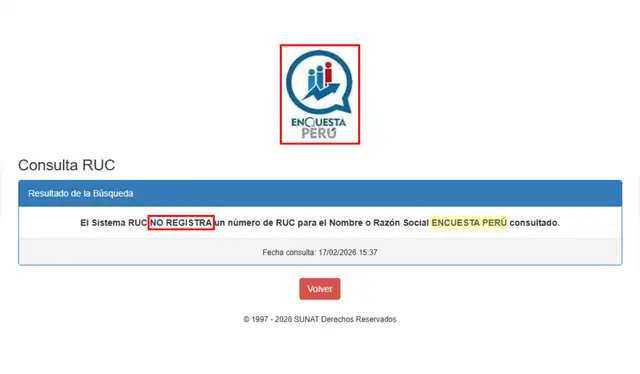 El término ‘Encuesta Perú’ no aparece en el registro de búsqueda RUC de la Sunat. | Foto: Sunat   