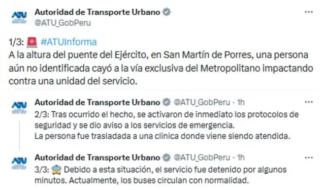  Comunicado de la ATU sobre el incidente que involucró a una persona cerca del puente Caquetá. Foto: ATU en X   