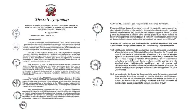 <strong>Decreto Supremo N.° 025-2025-MT</strong>C que oficializó los beneficios para conductores que no cometan infracciones de tránsito. Foto: Gob.pe   