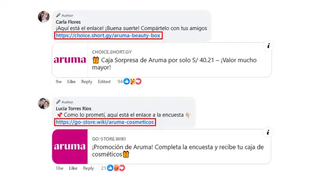 Enlaces del premio supuestamente otorgado por Aruma. | Foto: Facebook   