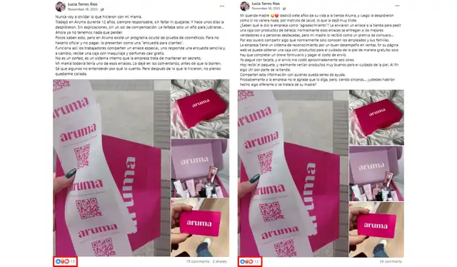 Publicaciones compartidas por una cuenta a nombre de Lucia Torres Rios. | Foto: Facebook   