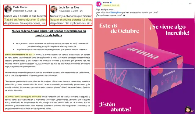 Afirmaciones de las usuarias, nota de la Cámara de Comercio de Lima y la primera publicación de Aruma en Facebook. | Foto: Facebook / Cámara de Comercio de Lima / Aruma   