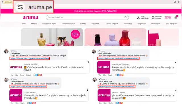 Links compartidos en Facebook difieren del dominio original de Aruma. | Foto: Aruma / Facebook   