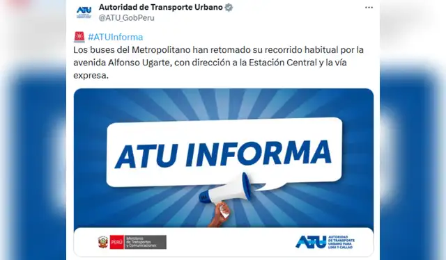  Fin de los desvíos en el Metropolitano, informa la ATU. Foto: X   