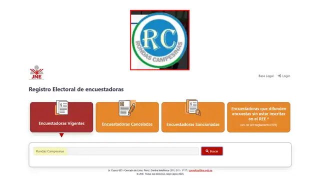 La entidad Rondas Campesinas no aparece en la búsqueda del Registro Electoral de Encuestadoras del JNE. | Foto: Jurado Nacional de Elecciones   
