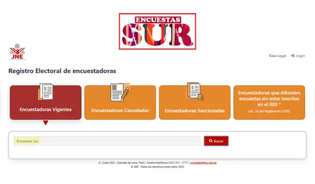 El término ‘Encuestas Sur’ no aparece en las búsquedas del Registro Electoral de Encuestadoras del JNE. | Foto: Jurado Nacional de Elecciones   