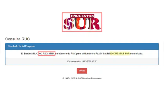 El término ‘Encuestas Sur’ no aparece en el registro de búsqueda RUC de la Sunat. | Foto: Sunat   
