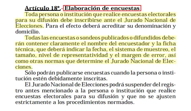Indicaciones del Artículo 18 de la Ley N.° 27369 en relación a la elaboración de encuestas electorales. | Foto: Congreso de la República   