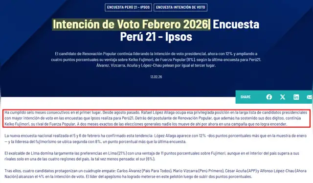 Descripción del documento de intención de voto presidencial según Ipsos (febrero 2026). | Foto: Ipsos   