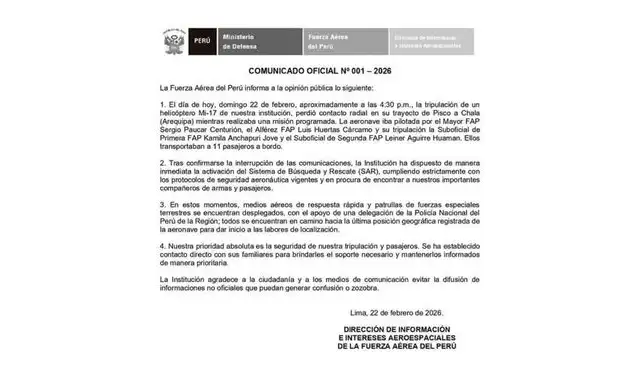 Comunicado de la Fuerza Aérea del Perú que confirma la pérdida de comunicación con el helicóptero militar. Foto: difusión   