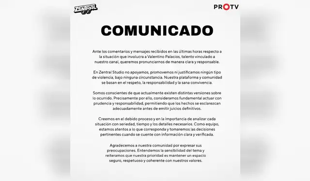  Comunicado de Zentral Studio sobre caso de denuncia por agresión contra Valentino Palacios. Foto: captura Instagram   