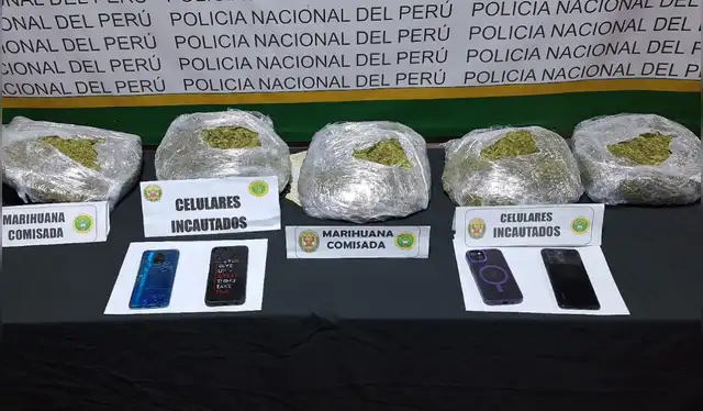  A la presunta banda criminal se le incautó cinco kilos de marihuana y celulares. Foto: Difusión   
